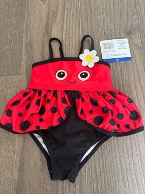 Girls Red Ladybug One-Piece Swimsuit with Flower Accent